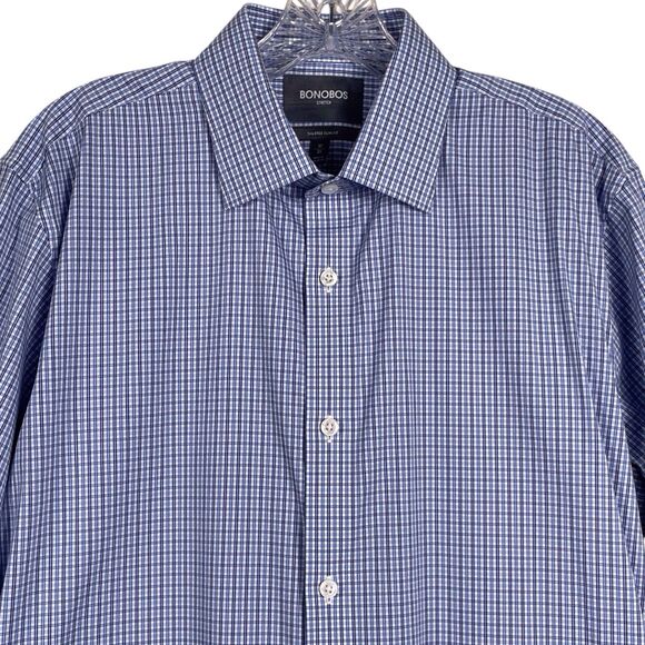 BONOBOS Jetsetter Stretch Slim Fit Dress Shirt Blue Check Size 17x35 EUC - Picture 5 of 16